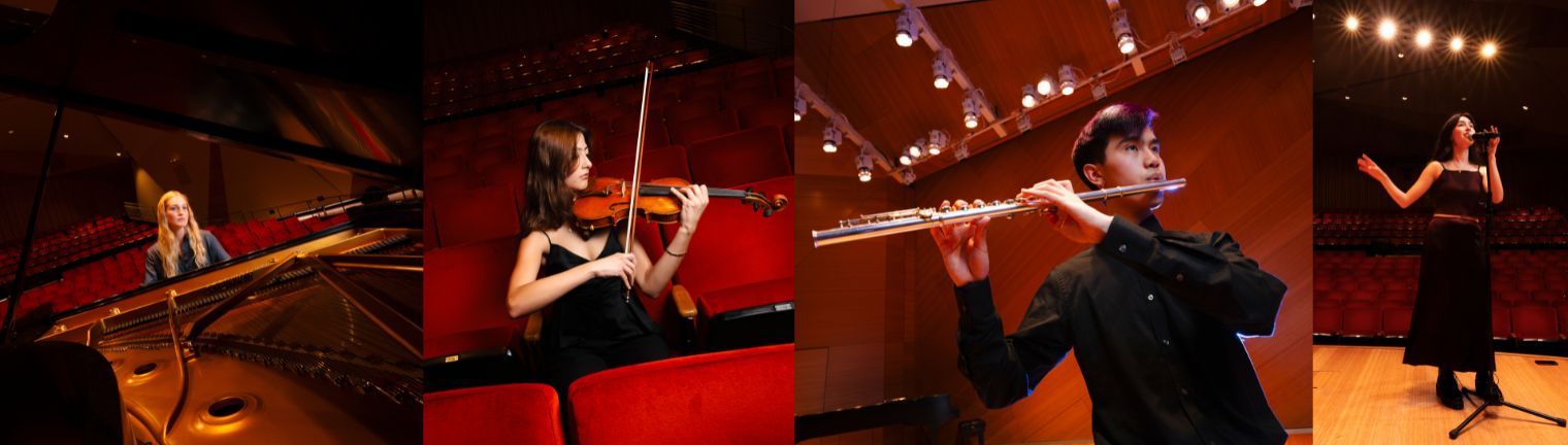 A collage of four pictures. The first one on the left is a blonde, white young woman in black, playing the piano. A beautiful black piano is in the foreground, its opening framing the woman. In the background is the Conrad Prebys Music Center, lined with rows of red seats. The next picture is of another young woman in black with brown hair. She is playing the violin, the instrument tucked under her chin and on top of her left shoulder. She sits in one of the red seats of the Conrad Prebys Concert Hall. The next picture is of a young Asian man with short black hair. He blows into his flute, which he carries to his right side. Behind him is the stage of the Conrad Prebys Concert Hall. Above his head are stage lights that beam downward. The next picture on the right is of another young woman with long black hair. She touches a microphone close to her mouth, the stand holding up the microphone. Behind her are the red seats, dimmed in the darkness of the hall. 