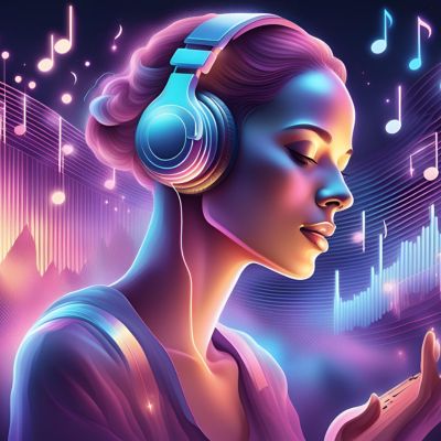 An image, generated by AI, of a woman wearing headphones. In the colorful background are floating music notes and sound waves.