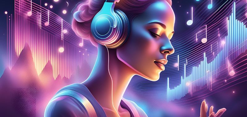 An AI-generated image of a woman with headphones listening to music. The background is colorful, filled with glowing music notes and sound waves.