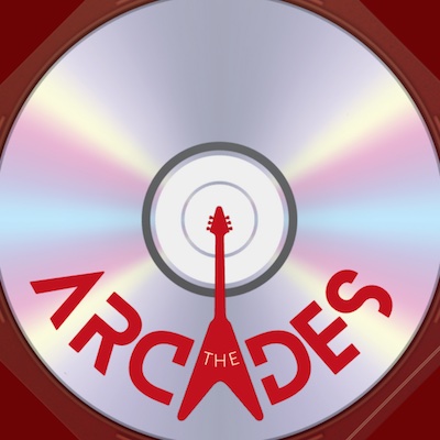The logo for the undergraduate music festival at the University of California San Diego, The Arcades. It is a CD compact disc, with a chromatic shine. On the bottom of the CD, curved with the circular shape, is the Arcades logo, which is in large red font. The second "A" in "Arcades" is depicted as a v-shaped electric guitar with the word "the" inside of it.