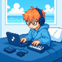 A pixelated image of a boy in a video-game-like world. He is sitting in his blue bed with a window behind him that has a view of the ocean and clouds. The boy is white with orange hair and has black glasses. He wears a blue hoodie with dark blue pants and dark blue headphones. His right hand is positioned on the keyboard of his blue laptop, and his left hand is positioned on a mini piano recorder, plugged into the laptop. Attached to the laptop are also what appear to be hard drives. 