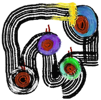 An abstract digital art piece. In the top right is a blue circle with a red center. Below that to the left is a green circle with a red center. In the center of the image is a purple circle with a red center. In the left bottom corner is a black circle with a red center. Raked black lines are drawn around the image, dragged through and behind these circles, ending with a yellow wave-like end on top of the blue circle.